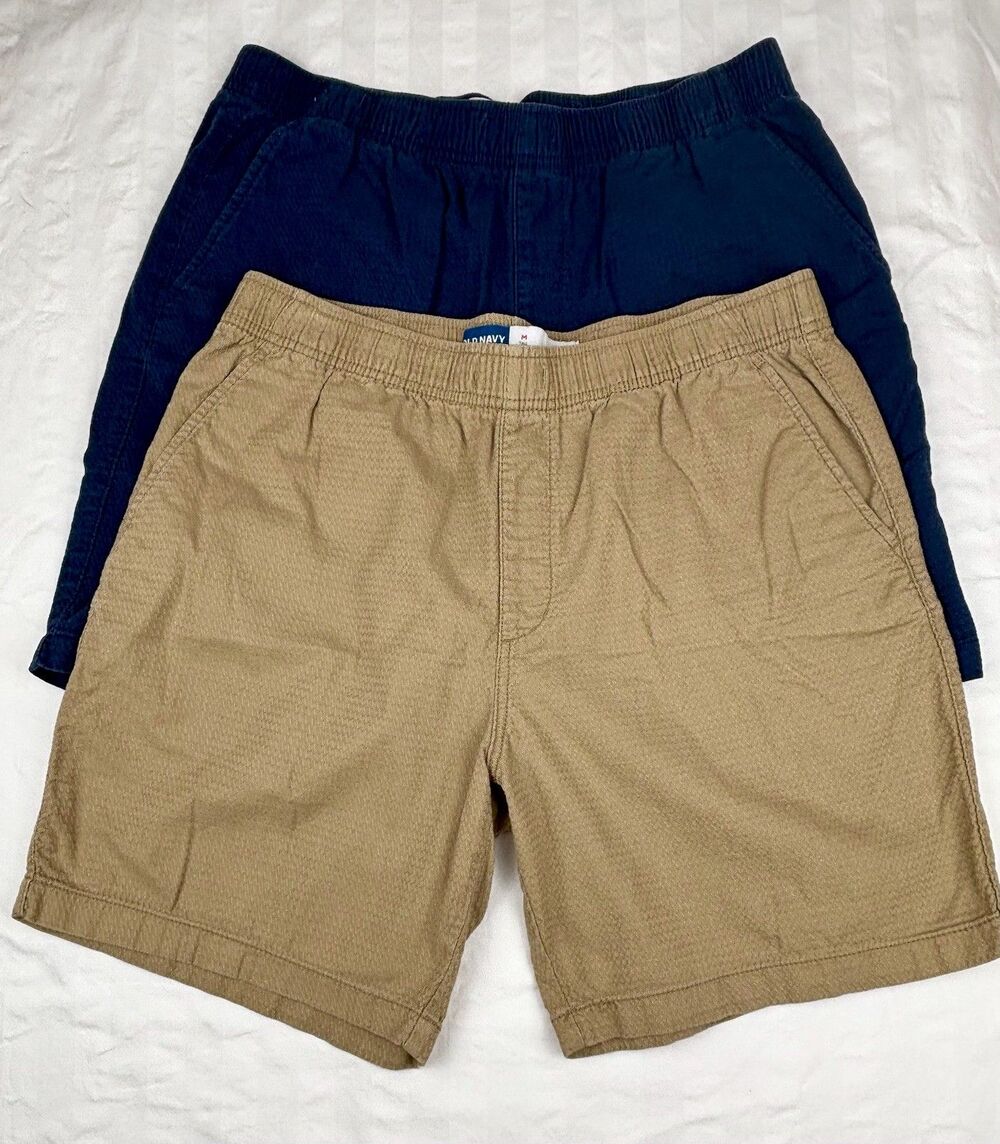 TWO Pairs Mens TALL Med MT Elastic Waist Jogger Shorts Twill 7" Khaki Blue